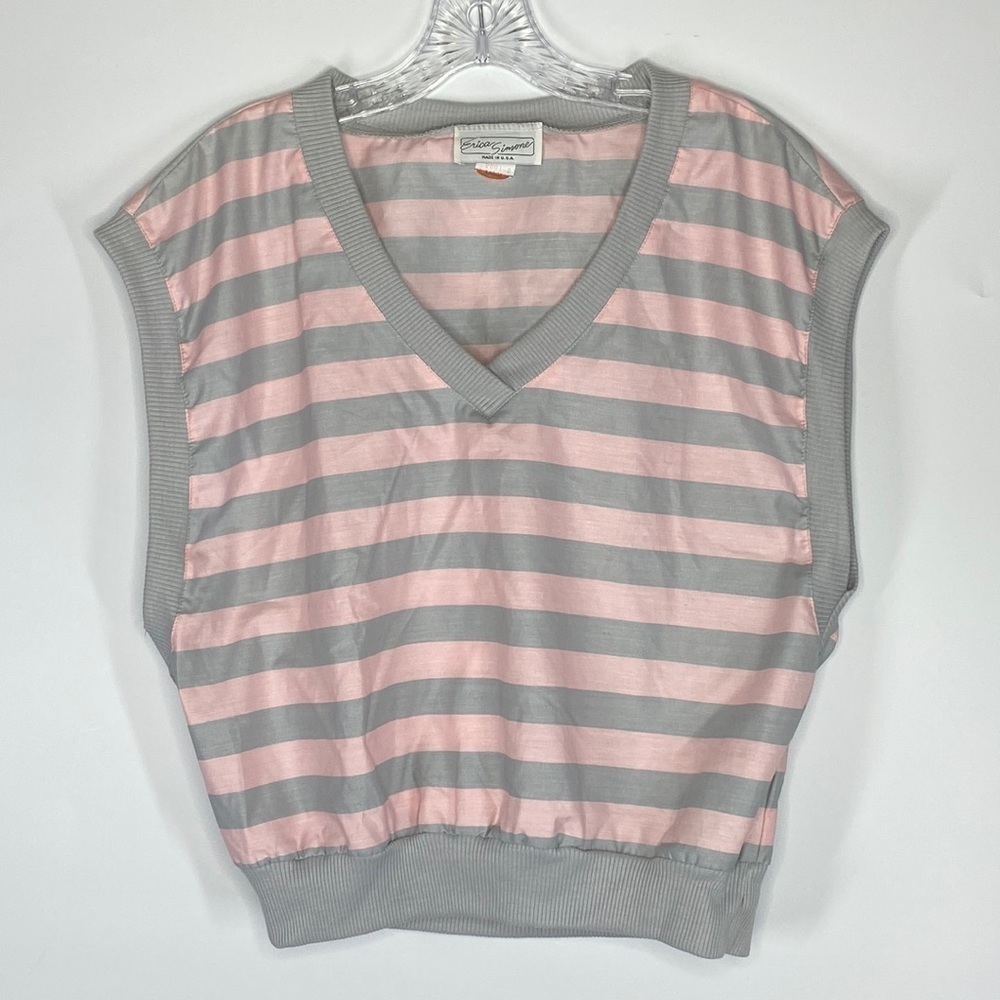 Vintage Erica Simone Grey Pink Striped Sleeveless Blouse Size Large